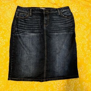 Stretchy Knee Length Dark Denim Skirt
